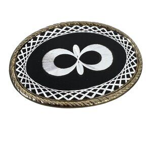Mother Of Pearl Belt Buckle 34B Silver Black Onyx Western Geometric Boho